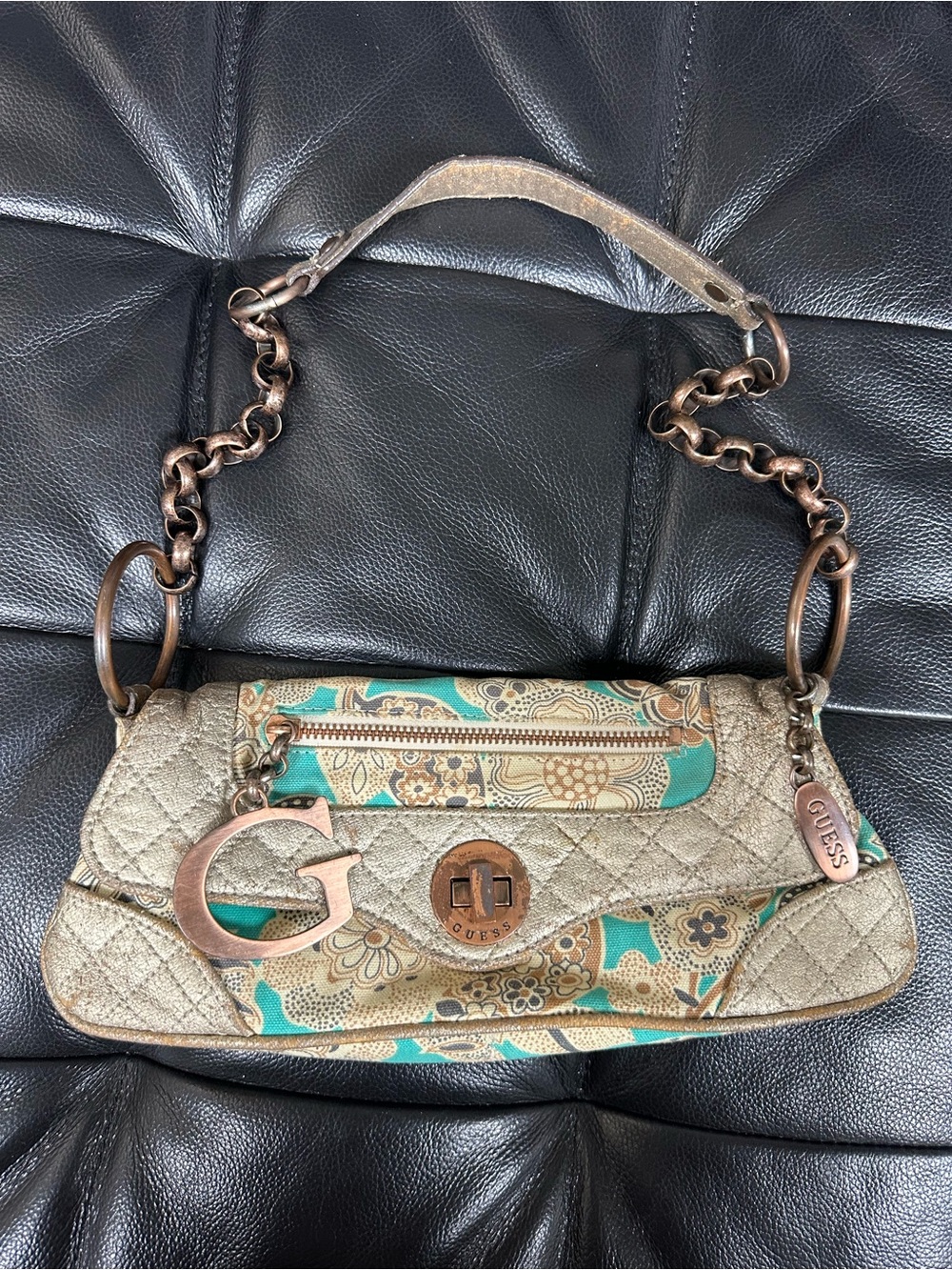 GUESS Y2K Gold and Teal Floral Quilted Shoulder Bag w Rose Gold Hardware